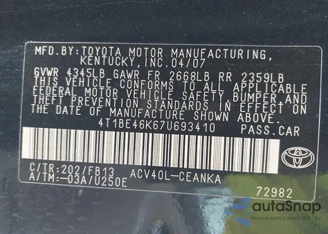 2007 Toyota Camry Ce from USA, damaged, VIN 4T1BE46K67U693410